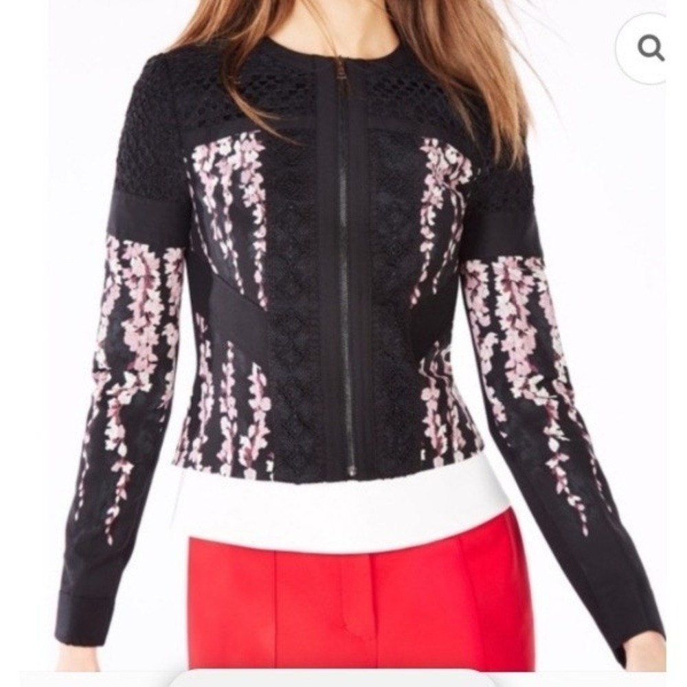 BCBGMAXAZRIA Tarik jacket Sz M Black Floral Crocheted Cropped Full Zip